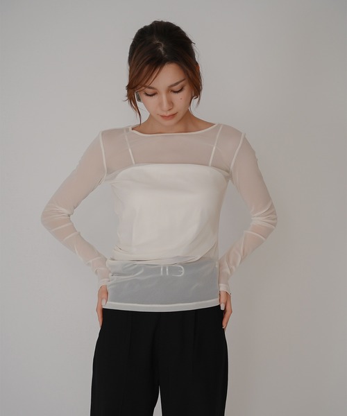 KINO THE KEI(キノザケイ)の「セカンドスキン シアー アシンメトリー トップス KINO THE KEI(Tシャツ/カットソー・レディース・ベージュ/キナリ/ブラック・フリー)」の6枚目の写真