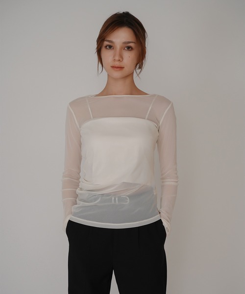 KINO THE KEI(キノザケイ)の「セカンドスキン シアー アシンメトリー トップス KINO THE KEI(Tシャツ/カットソー・レディース・ベージュ/キナリ/ブラック・フリー)」の7枚目の写真