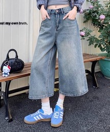 7分丈ワイドデニムパンツ／ルーズシルエットクロップドジーンズ