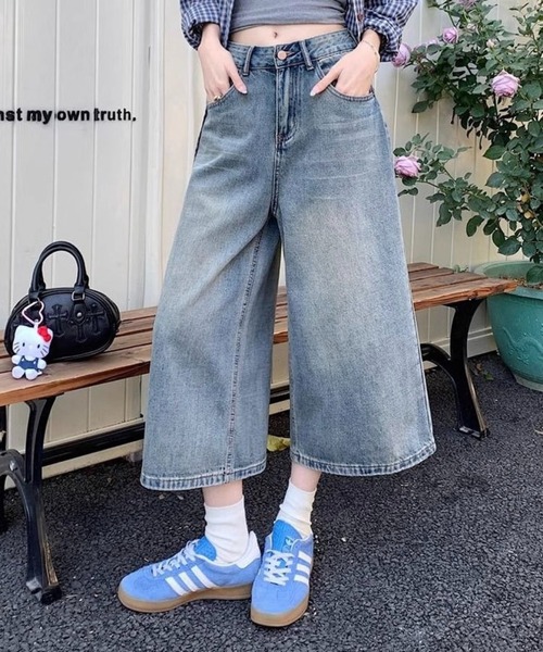 SHOUYO(ショウヨウ)の「7分丈ワイドデニムパンツ/ルーズシルエットクロップドジーンズ(デニムパンツ・レディース・ネイビー/ブルー・M)」の1枚目の写真