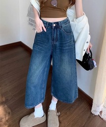 7分丈ワイドデニムパンツ/ルーズシルエットクロップドジーンズ
