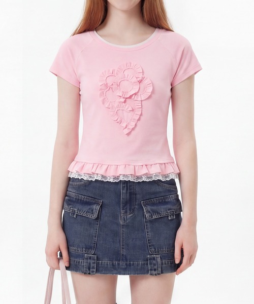 HOOK(フック)の「HOOK for girls 立体フリル裾レース半袖トップス (SS)(Tシャツ/カットソー・レディース・ピンク・FREE)」の14枚目の写真