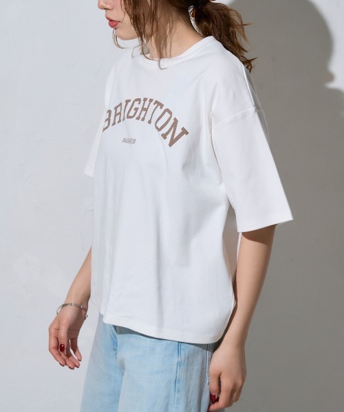 TRIANGLE PALETTE(トライアングルパレット)の「五分袖 アーチロゴ ワイドTシャツ / スーパーストレッチ 半袖T(Tシャツ/カットソー・レディース・ホワイト/グレイッシュベージュ/ブラック/ホワイト系その他・FREE)」の19枚目の写真