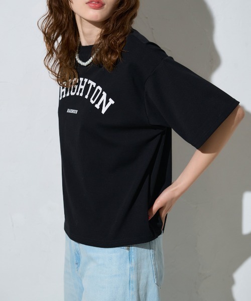 TRIANGLE PALETTE(トライアングルパレット)の「五分袖 アーチロゴ ワイドTシャツ / スーパーストレッチ 半袖T(Tシャツ/カットソー・レディース・ホワイト/グレイッシュベージュ/ブラック/ホワイト系その他・FREE)」の10枚目の写真