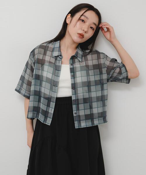 SENSE OF PLACE by URBAN RESEARCH(センスオブプレイスバイアーバンリサーチ)の「シアーチェックシャツ(5分袖)(シャツ/ブラウス・レディース・グレー系その他/ブラウン系その他/ベージュ系その他・ONE)」の4枚目の写真