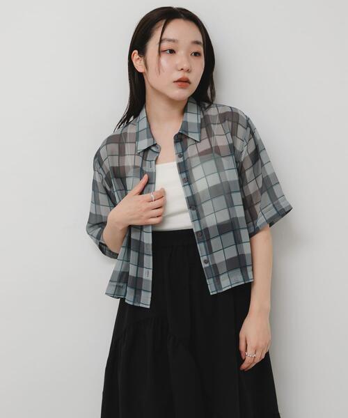 SENSE OF PLACE by URBAN RESEARCH(センスオブプレイスバイアーバンリサーチ)の「シアーチェックシャツ(5分袖)(シャツ/ブラウス・レディース・グレー系その他/ブラウン系その他/ベージュ系その他・ONE)」の5枚目の写真