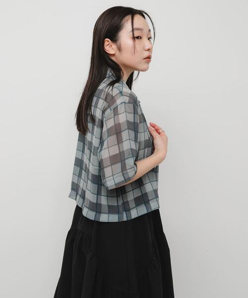 SENSE OF PLACE by URBAN RESEARCH(センスオブプレイスバイアーバンリサーチ)の「シアーチェックシャツ(5分袖)(シャツ/ブラウス・レディース・グレー系その他/ブラウン系その他/ベージュ系その他・ONE)」の6枚目の写真