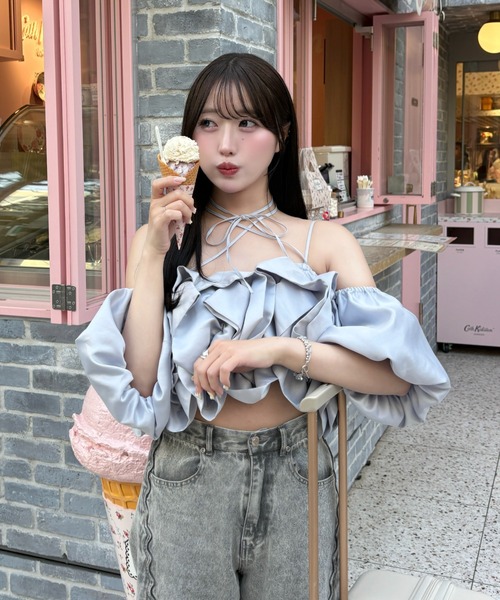 mellowneon(メロウネオン)の「マルチウェイサテンフリルボリュームブラウス(シャツ/ブラウス・レディース・ブラウン/ブルーグレー/ホワイト/ピンク・FREE)」の21枚目の写真