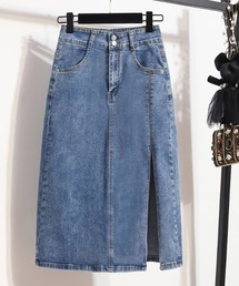 ウォッシュド ハイウエスト Aライン デニムパンツスカート