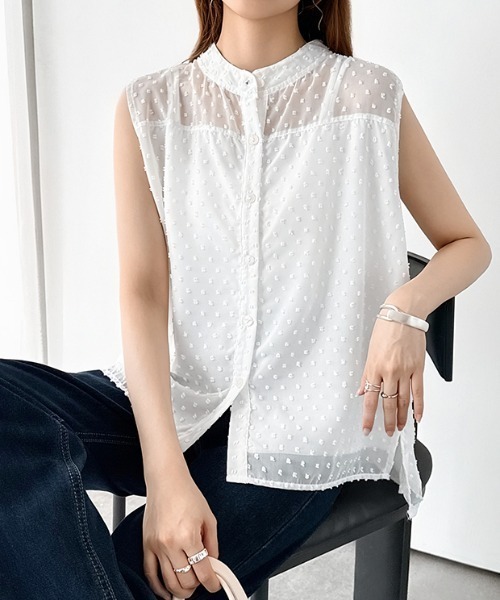 COCOMOMO(ココモモ)の「カットジャガードブラウス ドット ジャガード シアーブラウス ノースリーブ ブラウス ドットブラウス バンドカラー シアー シャツ シャツブラウス オフィス オフィスカジュアル 夏服(シャツ/ブラウス・レディース・ホワイト/ブラック・FREE)」の21枚目の写真