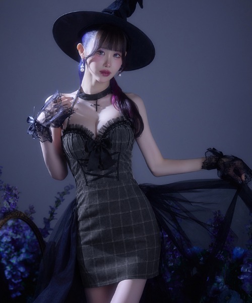 チュールロングトレーン魔女コスプレ【ハロウィン コスプレ4点セット