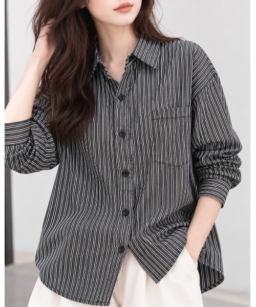FAZVY(ファズビー)の「羽織って決まる ロングスリーブストライプシャツ(シャツ/ブラウス・レディース・グレー・L/M/S)」の1枚目の写真