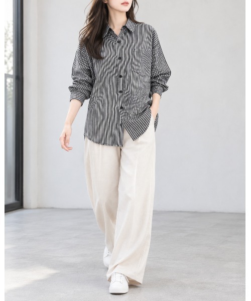 FAZVY(ファズビー)の「羽織って決まる ロングスリーブストライプシャツ(シャツ/ブラウス・レディース・グレー・L/M/S)」の2枚目の写真