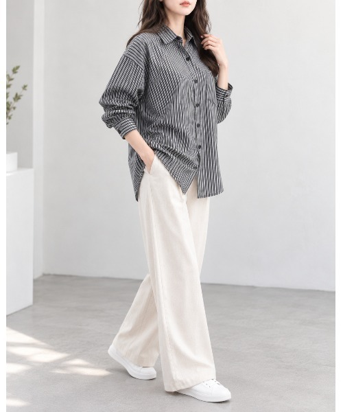FAZVY(ファズビー)の「羽織って決まる ロングスリーブストライプシャツ(シャツ/ブラウス・レディース・グレー・L/M/S)」の4枚目の写真