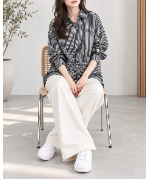 FAZVY(ファズビー)の「羽織って決まる ロングスリーブストライプシャツ(シャツ/ブラウス・レディース・グレー・L/M/S)」の8枚目の写真