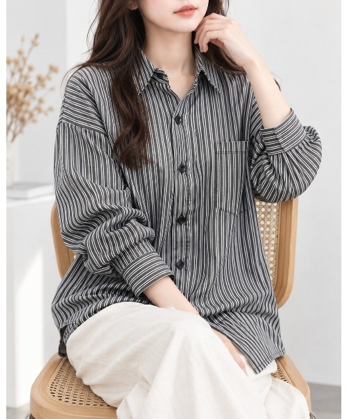 FAZVY(ファズビー)の「羽織って決まる ロングスリーブストライプシャツ(シャツ/ブラウス・レディース・グレー・L/M/S)」の9枚目の写真