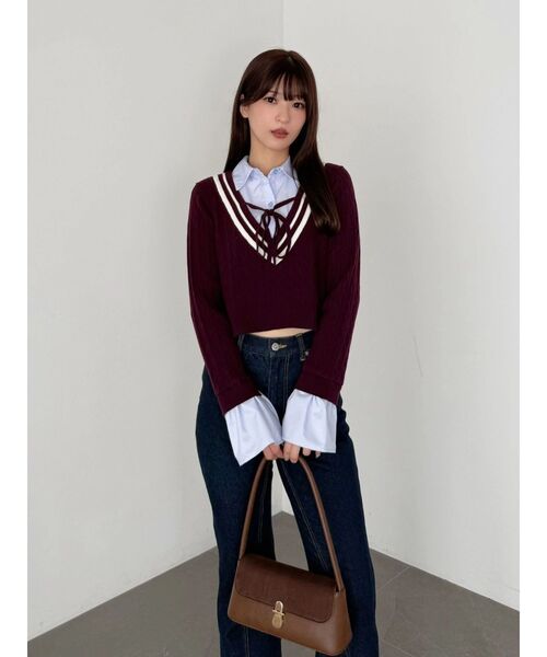 MERCURYDUO(マーキュリーデュオ)の「シャツドッキングチルデンニット(ニット/セーター・レディース・ボルドー/パープル/チャコールグレー・FREE)」の3枚目の写真