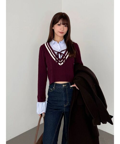 MERCURYDUO(マーキュリーデュオ)の「シャツドッキングチルデンニット(ニット/セーター・レディース・ボルドー/パープル/チャコールグレー・FREE)」の18枚目の写真