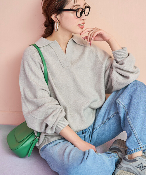 FREAK'S STORE(フリークスストア)の「\累計22,000枚突破/限定展開 ポロ襟 スキッパー ニット プルオーバー(ニット/セーター・レディース・ブラック/ネイビー/ブラウン/グレー/ピンク/グリーン/ナチュラル・フリ-)」の2枚目の写真