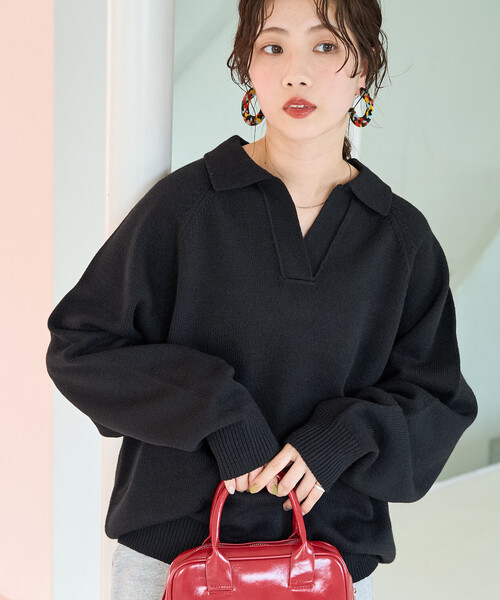 FREAK'S STORE(フリークスストア)の「\累計22,000枚突破/限定展開 ポロ襟 スキッパー ニット プルオーバー(ニット/セーター・レディース・ブラック/ネイビー/ブラウン/グレー/ピンク/グリーン/ナチュラル・フリ-)」の1枚目の写真