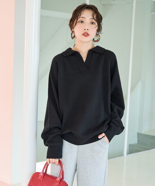 FREAK'S STORE(フリークスストア)の「\累計22,000枚突破/限定展開 ポロ襟 スキッパー ニット プルオーバー(ニット/セーター・レディース・ブラック/ネイビー/ブラウン/グレー/ピンク/グリーン/ナチュラル・フリ-)」の8枚目の写真