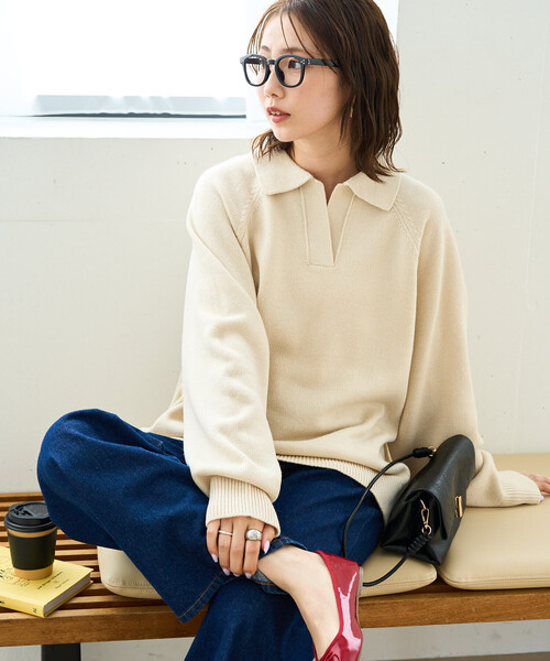 FREAK'S STORE(フリークスストア)の「\累計22,000枚突破/限定展開 ポロ襟 スキッパー ニット プルオーバー(ニット/セーター・レディース・ブラック/ネイビー/ブラウン/グレー/ピンク/グリーン/ナチュラル・フリ-)」の13枚目の写真