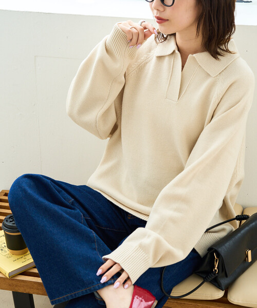 FREAK'S STORE(フリークスストア)の「\累計22,000枚突破/限定展開 ポロ襟 スキッパー ニット プルオーバー(ニット/セーター・レディース・ブラック/ネイビー/ブラウン/グレー/ピンク/グリーン/ナチュラル・フリ-)」の14枚目の写真