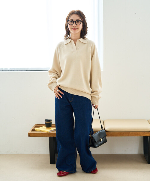 FREAK'S STORE(フリークスストア)の「\累計22,000枚突破/限定展開 ポロ襟 スキッパー ニット プルオーバー(ニット/セーター・レディース・ブラック/ネイビー/ブラウン/グレー/ピンク/グリーン/ナチュラル・フリ-)」の15枚目の写真