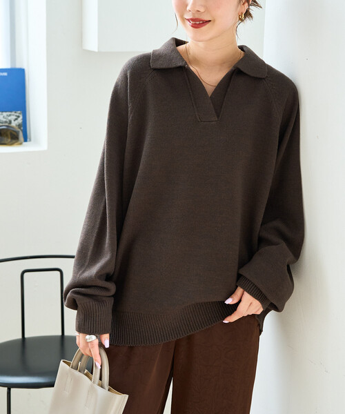 FREAK'S STORE(フリークスストア)の「\累計22,000枚突破/限定展開 ポロ襟 スキッパー ニット プルオーバー(ニット/セーター・レディース・ブラック/ネイビー/ブラウン/グレー/ピンク/グリーン/ナチュラル・フリ-)」の19枚目の写真