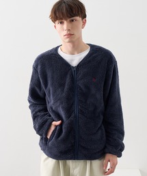 【U.S. POLO ASSN./ユーエスポロアッスン】ワンポイント ダブルホースマン刺繍 ダブルフェイス ボアフリース ノーカラージップジャケット