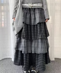【秋冬新作】チェック柄切替ティアードフリルロングスカート