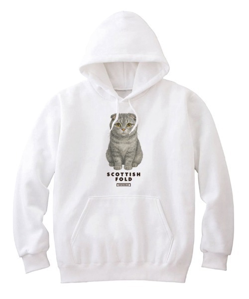 Moftique(モフティック)の「Moftique(モフティック) プルパーカー スウェット 裏毛 スコティッシュフォールド キャット ペット アニマル プリント トップス メンズ ユニセックス(パーカー・メンズ・ヘザーグレー/ホワイト/ブラック・M/L/XL)」の2枚目の写真