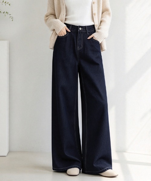 LEMOA(レモア)の「ステッチデザインデニムワイドパンツ(デニムパンツ・レディース・ダークブルー・SMALL/MEDIUM/LARGE/X-LARGE)」の3枚目の写真
