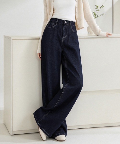LEMOA(レモア)の「ステッチデザインデニムワイドパンツ(デニムパンツ・レディース・ダークブルー・SMALL/MEDIUM/LARGE/X-LARGE)」の4枚目の写真