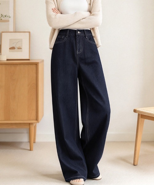 LEMOA(レモア)の「ステッチデザインデニムワイドパンツ(デニムパンツ・レディース・ダークブルー・SMALL/MEDIUM/LARGE/X-LARGE)」の5枚目の写真