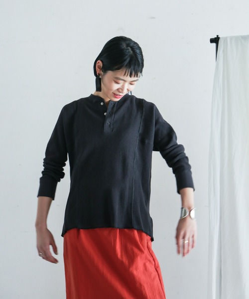 FIL DE FER(フィルデフェール)の「20/-サーマル ヘンリーネックカットソー(Tシャツ/カットソー)」|ブラック