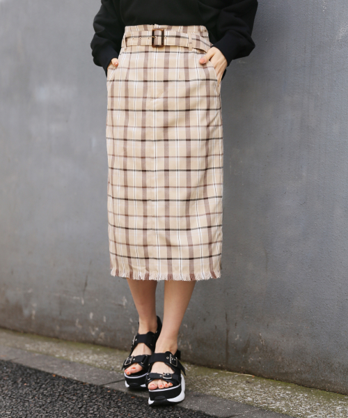 Heather（ヘザー）の「ベルトツキチェックIラインスカート　828580（スカート・レディース・ホワイト系その他/ベージュ系その他/ブルー系その他・S/M）」の2枚目の写真