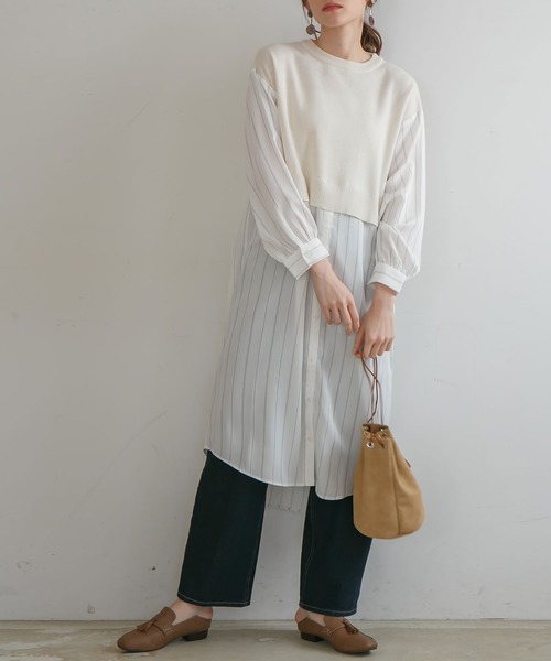 rectangle（レクタングル）の「ニットベスト×シャツ　フェイクレイヤードワンピース（ワンピース・レディース・ブラック/ベージュ/オフホワイト・FREE）」の2枚目の写真