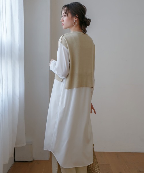 rectangle（レクタングル）の「ニットベスト×シャツ　フェイクレイヤードワンピース（ワンピース・レディース・ブラック/ベージュ/オフホワイト・FREE）」の5枚目の写真