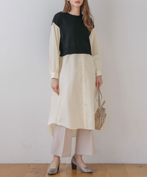 rectangle（レクタングル）の「ニットベスト×シャツ　フェイクレイヤードワンピース（ワンピース・レディース・ブラック/ベージュ/オフホワイト・FREE）」の6枚目の写真