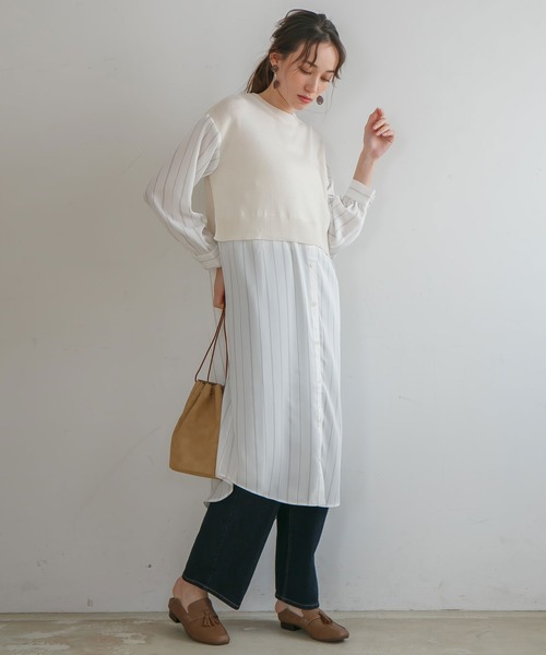 rectangle（レクタングル）の「ニットベスト×シャツ　フェイクレイヤードワンピース（ワンピース・レディース・ブラック/ベージュ/オフホワイト・FREE）」の7枚目の写真