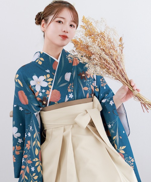レディース 簡易袴 5点セット( 着物 + 袴 + 襦袢 + 袴下帯 + 腰紐 
