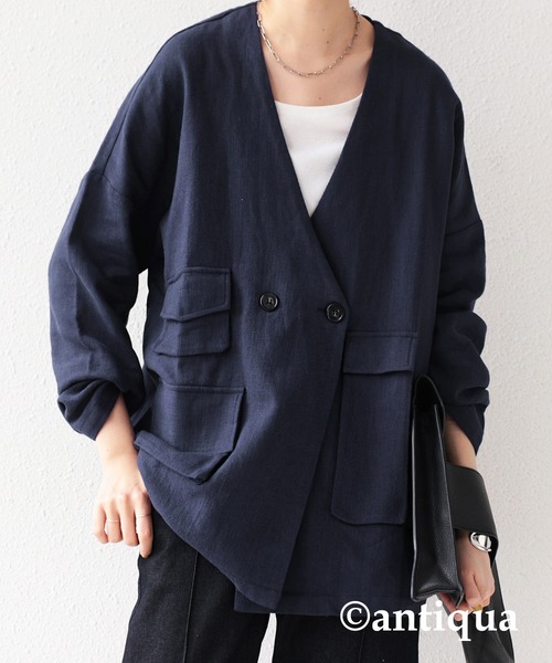 antiqua（アンティカ）の「ポケットリネンジャケット（テーラードジャケット・レディース・ブラック/ネイビー/ブラウン系その他/ベージュ系その他・FREE）」の4枚目の写真
