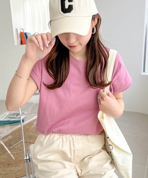 andme（アンドミー）の「コットン天竺フレンチスリーブTシャツ（Tシャツ/カットソー・レディース・ブラック/ベージュ/オフホワイト/カーキ/モカ/チャコールグレー/グレー系その他/グリーン/テラコッタ/ラベンダー/ピンク/ライム・M）」の12枚目の写真