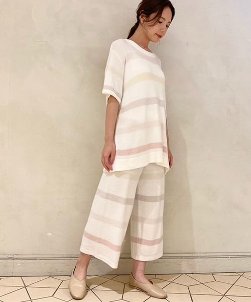 【美品】ジェラートピケ　2ボーダー　プルオーバー＆ロングパンツ·靴下set 23AW ジェラピケ もこもこボーダーパンツ 靴下セット 2点セット