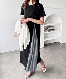 ボタン付スリットプリーツ切替ワンピース
