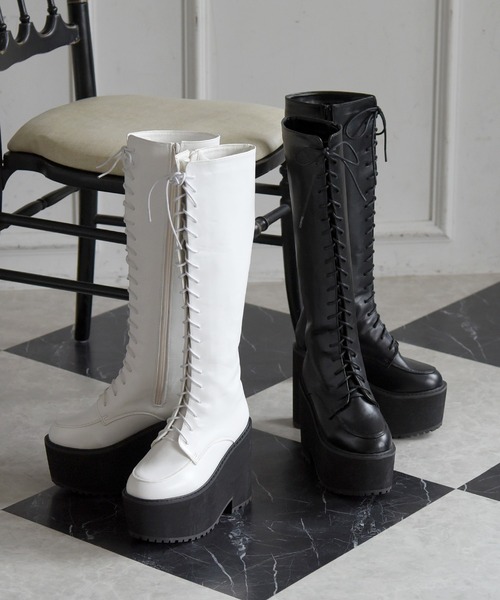 NOFALL（ノーフォール）の「厚底プラットフォームレースアップロングブーツ（ブーツ・レディース・ホワイト/ブラック・LL/M/L/3L/S）」の20枚目の写真