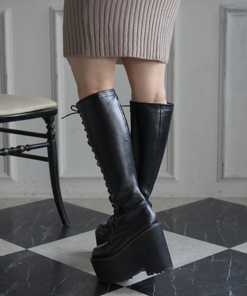 NOFALL（ノーフォール）の「厚底プラットフォームレースアップロングブーツ（ブーツ・レディース・ホワイト/ブラック・LL/M/L/3L/S）」の9枚目の写真