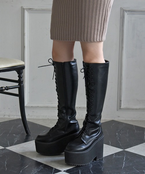 NOFALL（ノーフォール）の「厚底プラットフォームレースアップロングブーツ（ブーツ・レディース・ホワイト/ブラック・LL/M/L/3L/S）」の10枚目の写真