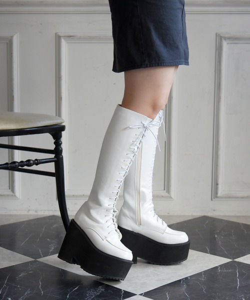 NOFALL（ノーフォール）の「厚底プラットフォームレースアップロングブーツ（ブーツ・レディース・ホワイト/ブラック・LL/M/L/3L/S）」の12枚目の写真